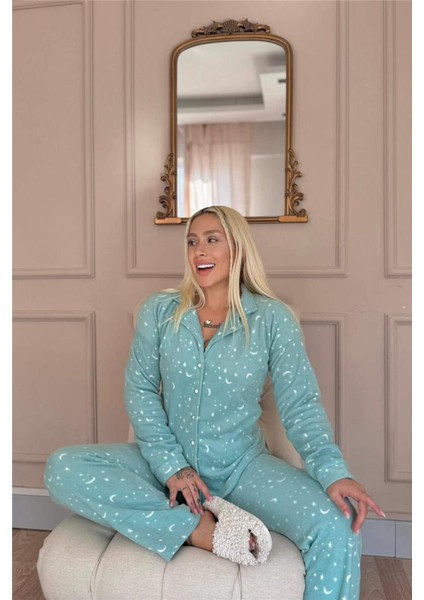 Mint Moon Stars Desenli Önden Düğmeli Peluş Polar Pijama Takımı fiyatları