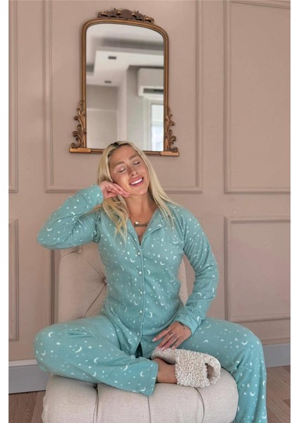Mint Moon Stars Desenli Önden Düğmeli Peluş Polar Pijama Takımı modelleri