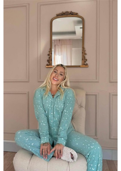 Mint Moon Stars Desenli Önden Düğmeli Peluş Polar Pijama Takımı fırsatları