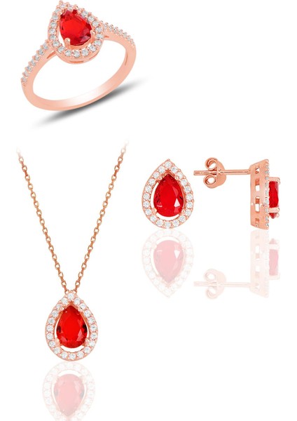 Gümüş Rose Kırmızı Taşlı Damla Modeli Üçlü Set SGTL11512KIRMIZI