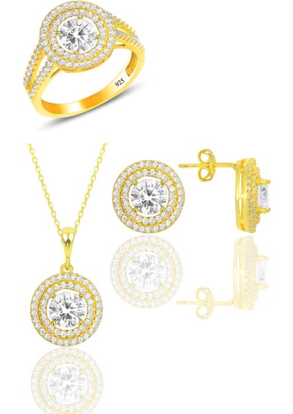 Gümüş Altın Yaldızlı Zirkon Taşlı Pırlanta Montürlü Yuvarlak Üçlü Set SGTL12084GOLD