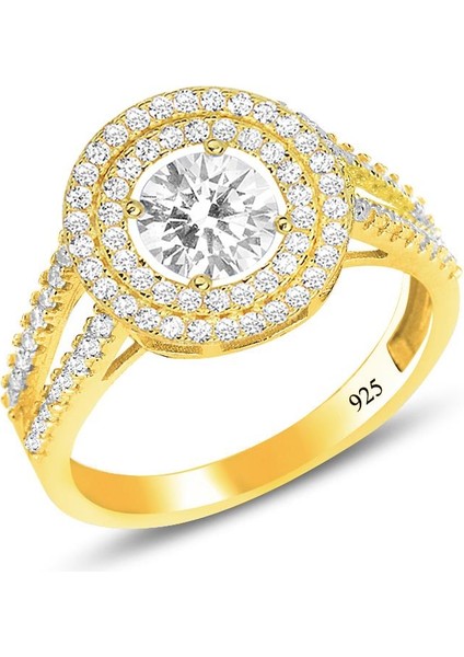 Gümüş Altın Yaldızlı Zirkon Taşlı Pırlanta Montürlü Yuvarlak Üçlü Set SGTL12084GOLD fırsatları