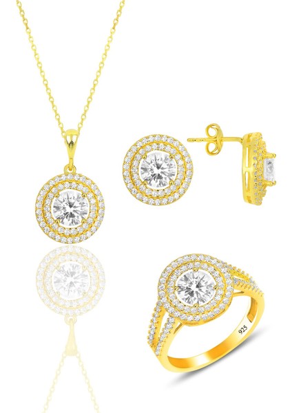 Gümüş Altın Yaldızlı Zirkon Taşlı Pırlanta Montürlü Yuvarlak Üçlü Set SGTL12084GOLD indirimleri