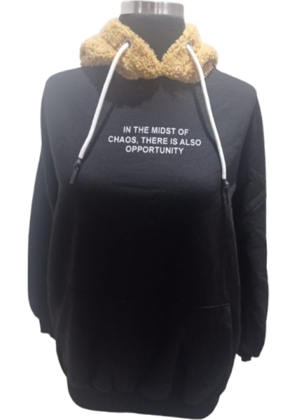 Kahve Peluş Kapüşonlu Siyah Şardonlu Termal Sweatshirt