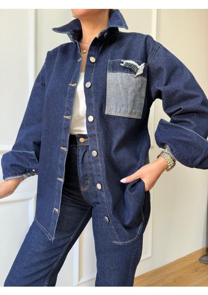 Lacivert Cep Kuş Detaylı Jean Gömlek