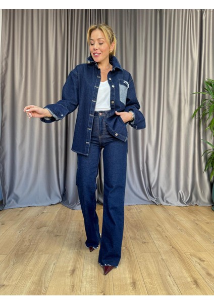 Lacivert Cep Kuş Detaylı Jean Gömlek modelleri