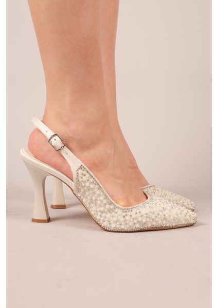 Mirka Boncuk Işlemeli Topuklu Ayakkabı Sedef modelleri