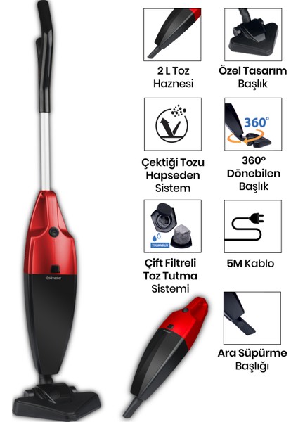 Geniş Hazneli 800W Çok Fonksiyonlu 2-In-1 Elektrikli Süpürge, Kırmızı