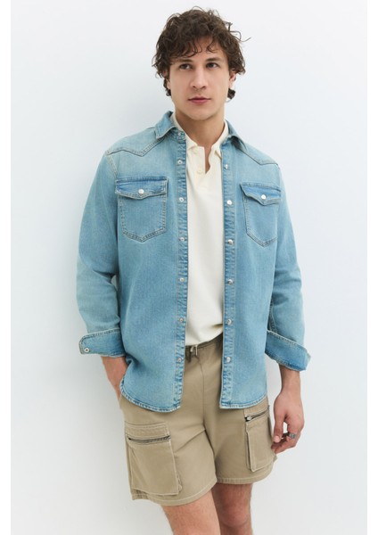 Regular Fit Açık Indigo Erkek Jean Gömlek