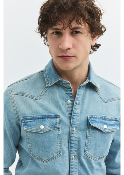 Regular Fit Açık Indigo Erkek Jean Gömlek