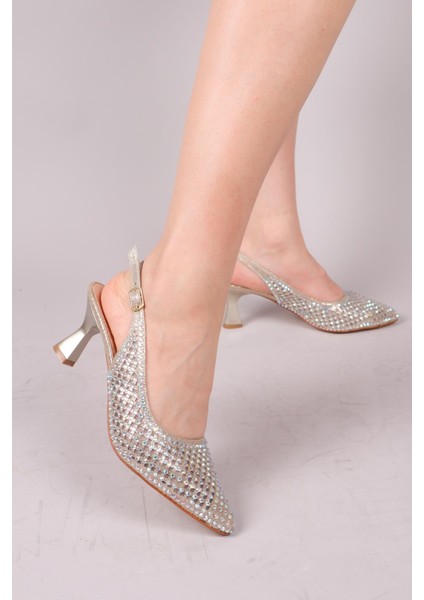 Boles Lazer Taşlı Arka Açık Topuklu Ayakkabı Gold