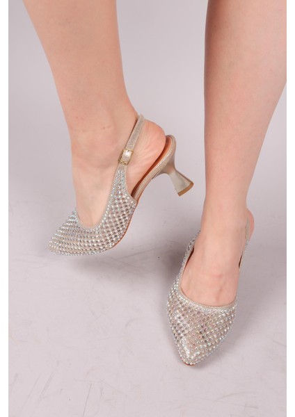 Boles Lazer Taşlı Arka Açık Topuklu Ayakkabı Gold fırsatları