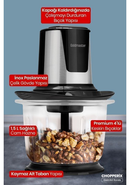 1.5 Litre Cam Hazneli 4 Bıçaklı Paslanmaz Çelik Doğrayıcı