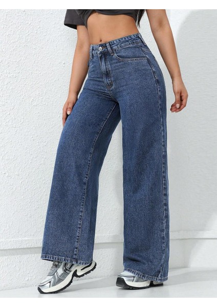 Kadın Baggy Fit Denim Jean Yıkamalı Pantolon