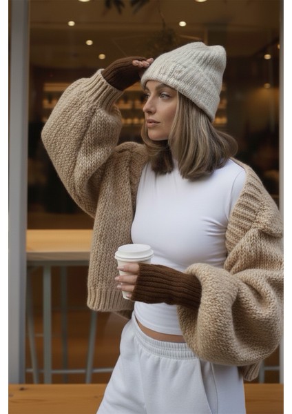 Acı Kahve Triko Örgü El Isıtıcı Kolluk Parmaksız Eldiven indirimleri