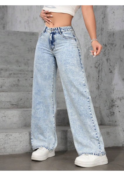 Kadın Baggy Fit Denim Jean Yıkamalı Pantolon