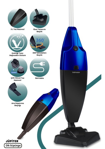 Mavi 2 Lt Hazneli 800 W Yıkanabilir Filtreli 2'li Elektrikli Süpürge