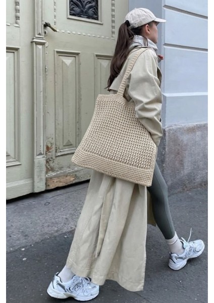 Kadın Bej Crochet Edition Örgü Tote Omuz Çantası fırsatları