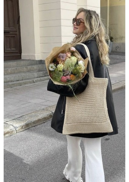 Kadın Bej Crochet Edition Örgü Tote Omuz Çantası