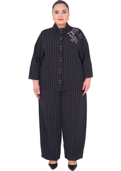 Kadın Büyük Beden Ekstra Battal Çiçek Motifli Alt Üst İkili Takım Uzun Kollu