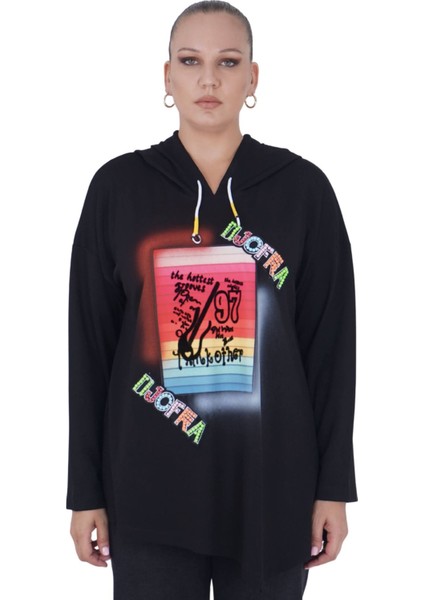 Kadın Büyük Beden Siyah Kapüşonlu Sloganlı Sweatshirt indirimleri