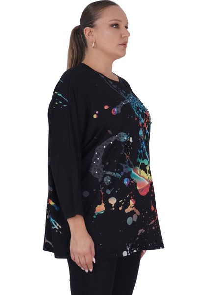 Kadın Büyük Beden Siyah Salaş Oversize Uzun Kollu Tunik Bluz