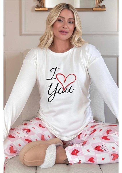 Ekru Love You Desenli Termal Kadın Pijama Takımı