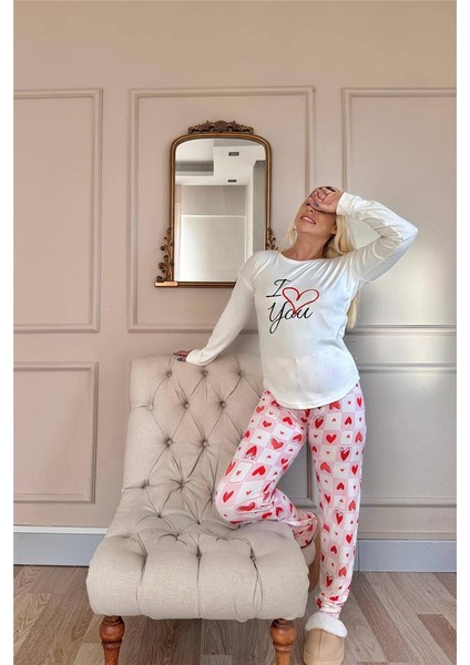Ekru Love You Desenli Termal Kadın Pijama Takımı indirimleri