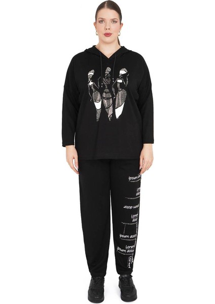 Kadın Büyük Beden Siyah Alt Üst İkili Kapüşonlu Takım