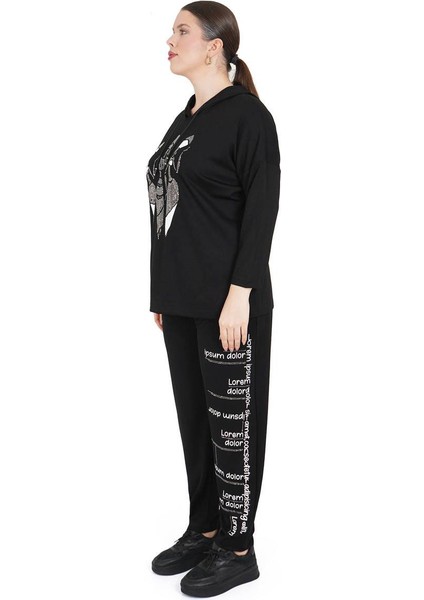 Kadın Büyük Beden Siyah Alt Üst İkili Kapüşonlu Takım