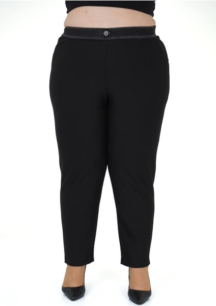 Kadın Büyük Beden Boru Paça Toparlayıcı Yüksek Bel Siyah Ekstra Battal Pantalon