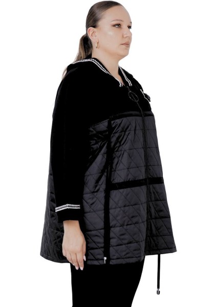 Kadın Büyük Beden Siyah Çiçek Motifli Ceket