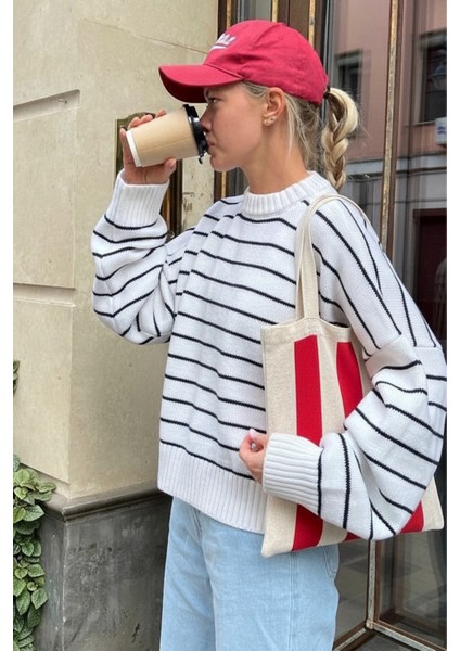 Kadın Kırmızı Stripes Örgü Tote Omuz Çantası