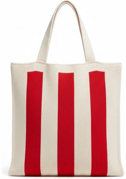 Kadın Kırmızı Stripes Örgü Tote Omuz Çantası