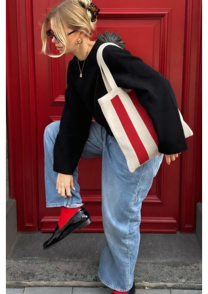 Kadın Kırmızı Stripes Örgü Tote Omuz Çantası