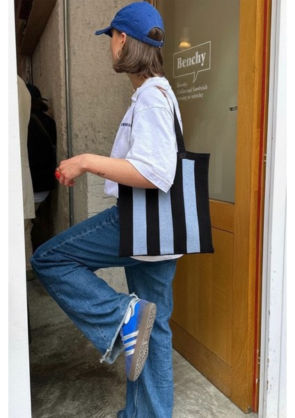 Kadın Mavi Stripes Örgü Tote Omuz Çantası fırsatları