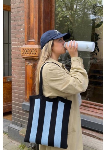 Kadın Mavi Stripes Örgü Tote Omuz Çantası indirimleri