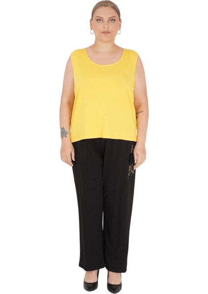 Kadın Büyük Beden Kolları Tül Detay Alt Üst Üçlü Takım