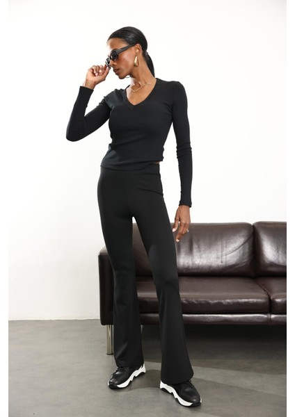 Siyah Ispanyol Paça Tayt Pantolon 2511