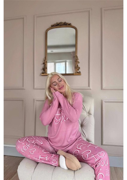 Pembe Love You Desenli Termal Kadın Pijama Takımı modelleri