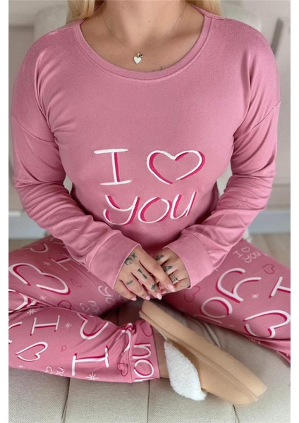 Pembe Love You Desenli Termal Kadın Pijama Takımı fırsatları