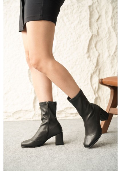 Kadın Piolin Streç Topuklu Bot - Siyah-Deri modelleri