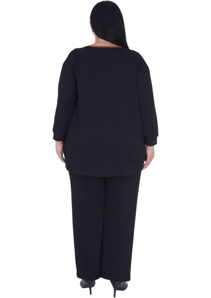 Kadın Büyük Beden İnci Detaylı Gül Baskılı Alt Üst İkili Takım