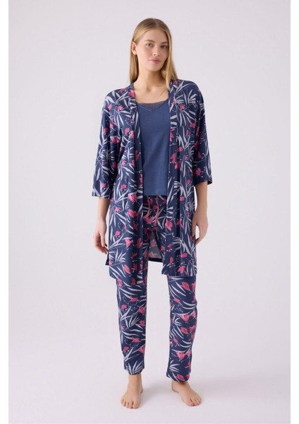 Kadın Mor Sabahlıklı Uzun Kol Ip Askılı V Yaka 3'lü Pijama Takım