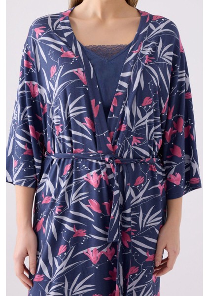 Kadın Mor Sabahlıklı Uzun Kol Ip Askılı V Yaka 3'lü Pijama Takım indirimleri