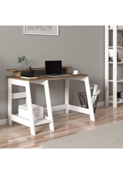 Country Ergonomik Çalışma Masası, Modern Bilgisayar Masası, Beyaz/Antik Ceviz