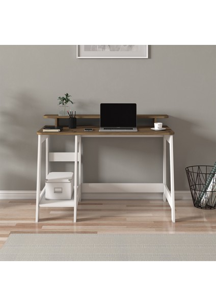 Country Ergonomik Çalışma Masası, Modern Bilgisayar Masası, Beyaz/Antik Ceviz fiyatları
