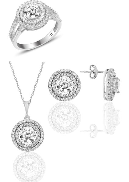 Gümüş Rodyumlu Zirkon Taşlı Pırlanta Montürlü Yuvarlak Üçlü Set SGTL12084RODAJ