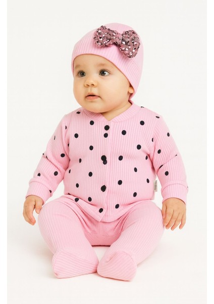 “kız Bebek Puantiyeli 3’lü Takım Şapkalı Pamuklu Tulum 3-6-9 Ay”