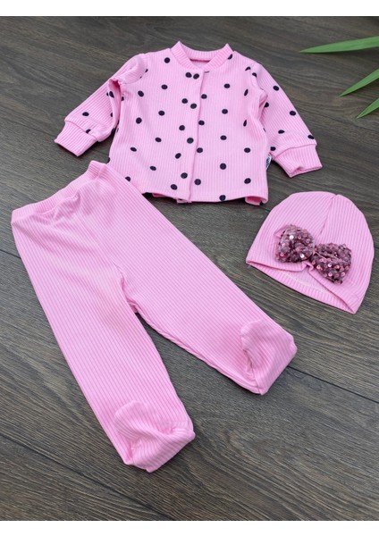 “kız Bebek Puantiyeli 3’lü Takım Şapkalı Pamuklu Tulum 3-6-9 Ay” fırsatları
